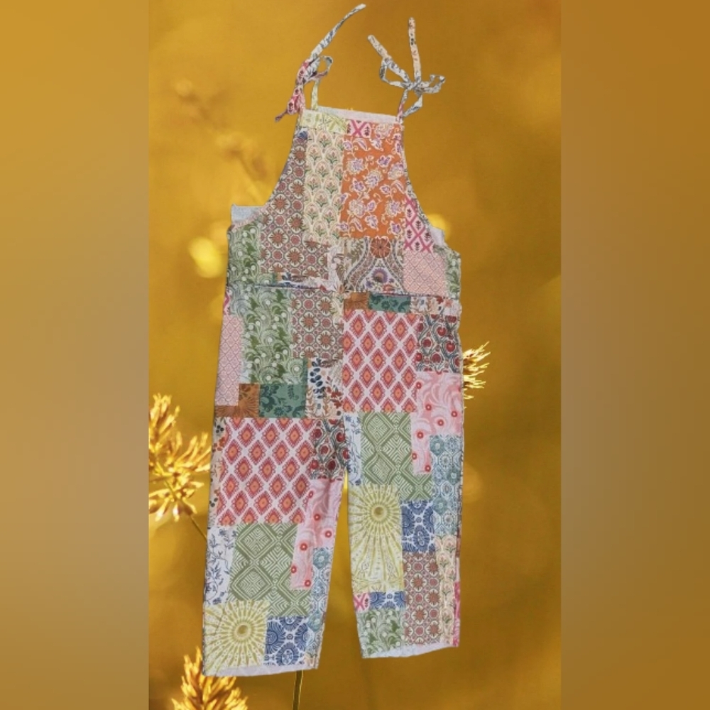 Bohemian Sunburst Vibrant Red Green Patchwork Jumpsuit Women's XL - Picture 4 of 7